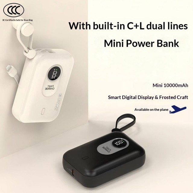 Mini Ultra Slim Portable Charger 10000mAh Fast Charging Built-in Cable High Capacity Compact for Daily Use