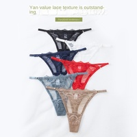 Tangas de nailon transparentes de encaje floral de punto rojo personalizadas, ajustadas, ultrafinas, transpirables y de talle bajo.