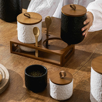 Ensemble de pots en céramique avec couvercle en bois, 3 tailles, noirs et blancs texturés, hermétiques, pour le stockage des aliments dans la cuisine (café, thé, sucre)