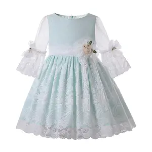 Pettigirl Vestido de férias infantil azul claro para meninas, vestido ocidental de meia manga para meninas com cinto de flores, 1 saco = 1 peça