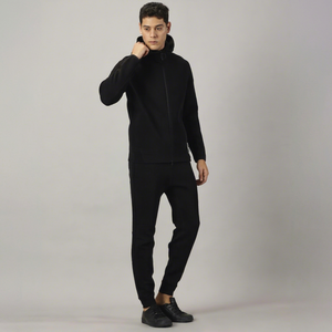 Survêtement à capuche noir pour homme, fermeture éclair intégrale, couleur unie, vêtement décontracté, pantalon respirant en polyester pour l'automne, poches latérales - Product Image 1