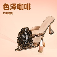 Sepatu Mules Ukuran Besar 35-43 Motif Kulit Ular Leopard, Hiasan Bunga 3D, Hak Tinggi Unik Metalik, Model Slip On untuk Pesta