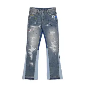 AeeDenim Großhandel Spritz zerrissener ausgebreiteter Jeans Streetwear Herren Vintage Baggy Patchwork Flare Denim Herrenjeans