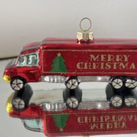 Hiasan Gantung Pohon Natal Merah Emas Hijau dengan Glitter, Truk Pengiriman Natal, Ornamen Kaca Figurine