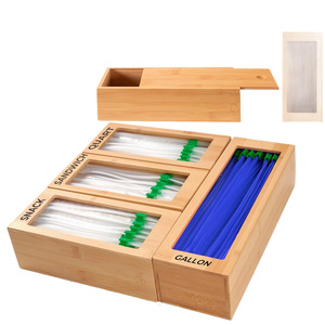 Boîte de rangement pour sacs poubelle en bambou, organisateur de sacs auto-scellants quatre en un avec couvercle en bois pour utilisation au réfrigérateur de la cuisine - Product Image 1