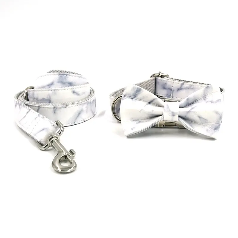 white marbling cotton print pet bow tie custom dog fashion collar personalized leash set