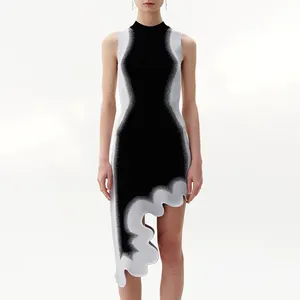 Fashion New Design Jacquard Women Stretch Spray Paint Asymmetric Hem Sleeveless Midi Dress