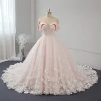 Blush rosa a linha 3d flor fora do ombro vestido de casamento
