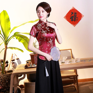 Kemeja Satin wanita, blus gaya Tiongkok, baju Satin, atasan kancing bawah, pakaian pernikahan wanita Qipao - Product Image 4