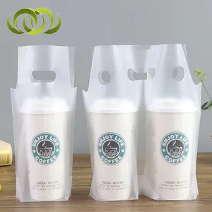 Custom Logo Single Cup Two-Cups Takeout Coffee Thickened Disposable Plastic Carrier Bags For Bubble Tea