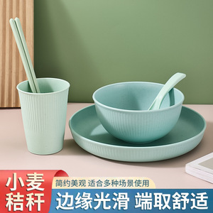 Juego de platos, tazones y vasos de plástico PP con textura de paja de trigo, estilo nórdico, vajilla redonda para picnic y uso diario. - Product Image 4