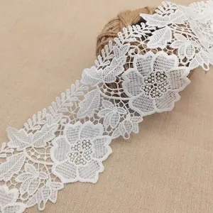 4" 100% polyester guipure cord flower lace trim beautiful floral and leaf embroidery white lace trim