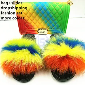 2022 custom 2 pieces set women jelly purse with fur slides set matching color PVC bags with slippers sandals fur slides