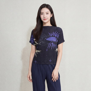 PY Casual Sky Print Pleated Top Women Fashion T-shirt Elegant Stand Collar Short Sleeve Loose Breathable Blouse Bulk Clothing - Product Image 5