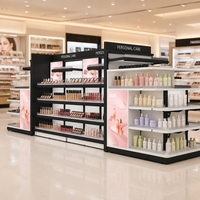3-seitiges Schwerlast-Holz-Displayregal für Körperpflegeprodukte mit hintergrundbeleuchteter LED-Beleuchtung, weiße Regale, freistehende Einzelhandelspräsentation