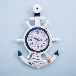 Reloj de pared de madera estilo mediterráneo, cronógrafo con ancla de timón azul y blanco, con personalidad creativa