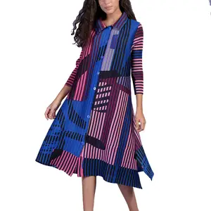 Vestido de mujer cómodo de talla grande con estampado digital, Vestido camisero plisado con patrón abstracto de bloqueo de Color a la moda