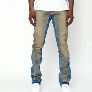 Custom Blue Vintage Fashion Design Distress Hole Flare Fit Blue <b>Jeans</b> Graffiti Paint Splatter <b>Elastic</b> Men <b>Jeans</b> Manufacturers - Product Image 5