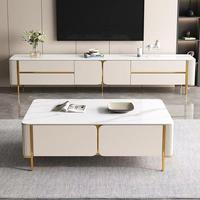 Meubles de salon modernes et durables pour grand appartement, ensemble de meuble TV en dalle de roche et table basse de luxe en bois massif