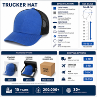 Casquette de baseball trucker bleu roi personnalisée, dos en maille noire, devant en mousse, fermeture snapback, visière incurvée réglable, vente en gros, OEM, faible MOQ