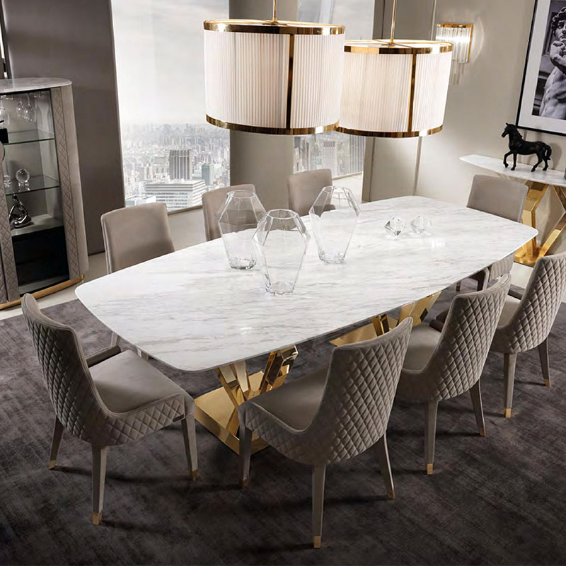 Rectangular Modern Faux Marble Dining Table Gold Finish Diamond Leg Contemporary Style
