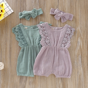 Ropa de Verano para Bebé Niña, Mono de Manga Larga con Diseño de Encaje Sólido para Recién Nacida, Mono con Diadema para Bebé - Product Image 3
