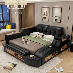 CBMMART — meuble de chambre en cuir blanc, meuble de luxe moderne, multifonctionnel, lit