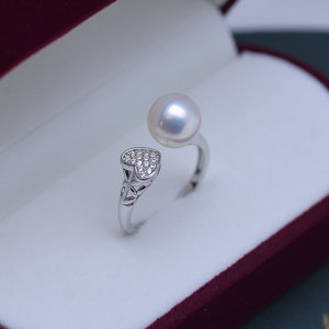 Bague en perle d'eau douce ronde de 8-9 mm pour femmes, argent S925, style élégant en forme de cœur, style amour, avec ajustement réglable, lumière intense, faibles défauts - Product Image 4