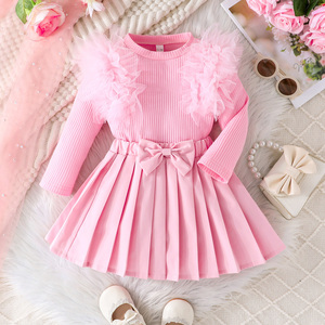 ชุดเสื้อผ้าเด็กผู้หญิง ชุดน่ารักสไตล์เจ้าหญิง ผ้าขนสัตว์ผสม แต่งลายทางหวานๆ แขนยาว ผ้าตาข่าย โบว์ผูกเอว กระโปรงสั้นจีบระบาย ระบายอากาศได้ดี - Product Image 1