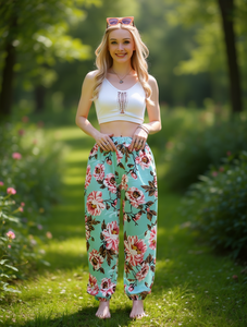 J768 Pantaloni Harem Floreali da Donna in Maglia di Cotone Elasticizzato con Vita Elastica Vestibilità Ampia Lunghezza Intera per l'Estate Casual - Product Image 2