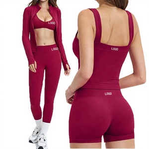 Custom Front Logo Solid Women's 7 Piece Yoga Set Racerback Crop <b>Top</b> High Waisted Shorts Full Sleeve <b>Sweat</b> Wicking Fitness Wear - Product Image 3