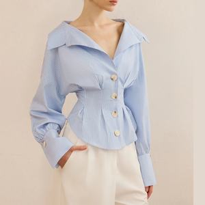 Nouvelle chemise décontractée à rayures pour femme, chemisier et haut à manches longues en lin et coton, amincissant et sculptant la taille, OEM - Product Image 1