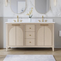 Meuble-lavabo autoportant en bois cannelé arqué avec comptoir en quartz, double vasque sous plan, style moderne, en panneau mélaminé, couleur cuivre