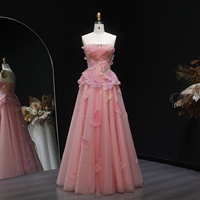 Robe de soirée rose Sharon Said SS749, coupe trapèze, fleurs 3D, perles de cristal, sans bretelles, drapée, pour femmes, robes de soirée formelles