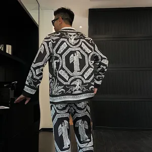 Moda pigiama da uomo in seta di alta qualità con stampa con angelo a manica lunga 2 pezzi per uomo e donna - Product Image 6