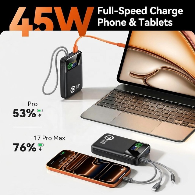 45W PD Fast Charging High Capacity 20000mAh Power Bank Built-in Dual Type-C Cables Digital Display GaN Tech for Laptop Phone