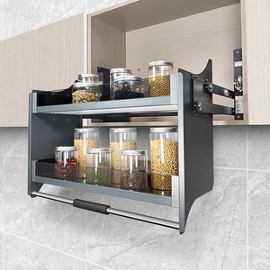 Kitchen Cabinet Glass Liftable <b>Storage</b> <b>Basket</b> with Upper/Lower Buffer Opening Function and Hardware Doors - Product Image 1