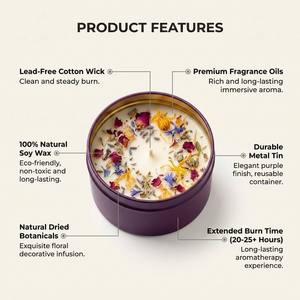 Handmade Soy Wax Aromatherapy <b>Candles</b> <b>Set</b> In Metal Jars With Floral Plant Scents For Yoga And Meditation Minimalist Style - Product Image 2