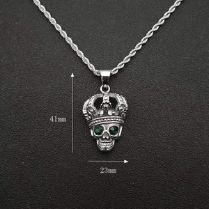 Collar con Colgante de Calavera de Acero Inoxidable con Corona y Ojos Verdes, Colgantes Temáticos con Engaste de Bisel, Joyería de Regalo - Product Image 4