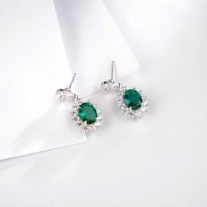 925 Silver Oval <b>Emerald</b> Halo Drop <b>Stud</b> <b>Earrings</b> - Product Image 4