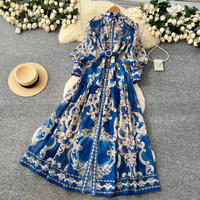 Robe longue décontractée élégante pour femme, style vintage, imprimée, à manches longues, coupe trapèze, avec ceinture, col montant et boutonnée, idéale pour le quotidien et les fêtes