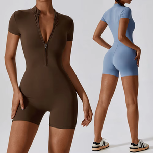 Pelele de entrenamiento con cremallera para mujer, lo último en venta al por mayor, mono deportivo para gimnasio, transpirable, de una pieza, de verano, holgado, de manga corta para Pilates - Product Image 2