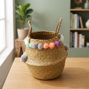 Panier de rangement pliable en feuilles de palmier, nouveau design, écologique, durable, multicolore avec pompons, idéal pour la chambre d'enfant - Vente chaude - Product Image 5