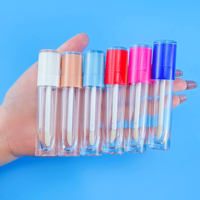Tube de brillant à lèvres vide en plastique en stock avec pinceau, logo personnalisé, capacité de 6,5 ml, bouchon à vis - Rose transparent, rouge à lèvres et fard à joues