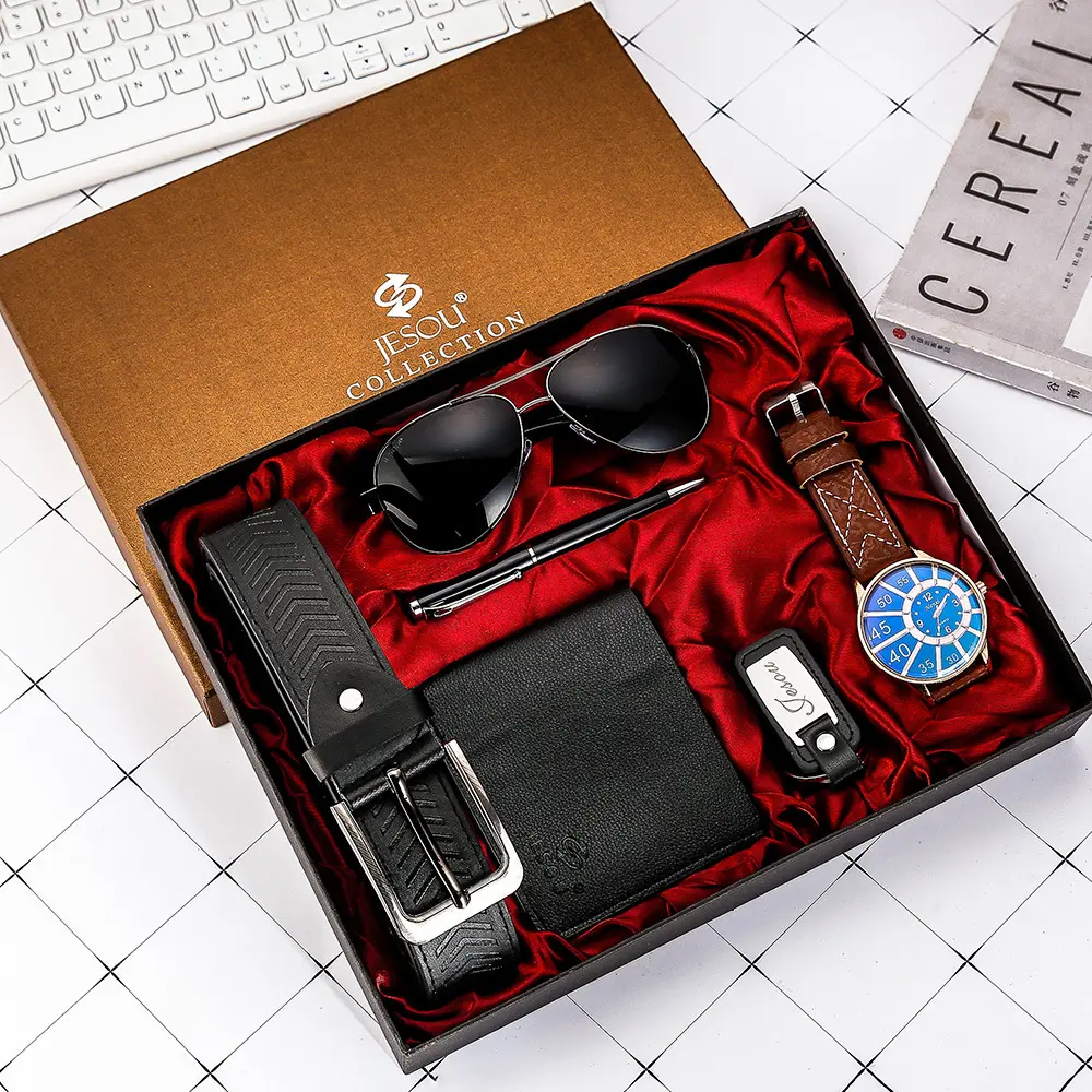Set Kotak Hadiah Jam Tangan, Logo Mewah Kustom dengan Kacamata, Dompet, Cincin Kunci, Pena Jam Kuarsa 6 Buah/Set