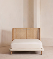 Lit king-size en bois massif de style campagnard français antique, design sculpté à la main, rotin tressé, style moderne, lit double moelleux avec rangement en caoutchouc