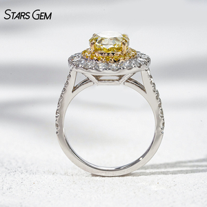 Bague de luxe en or blanc 14 carats avec diamant jaune de laboratoire taille ovale, double halo et diamants, pour femme - Product Image 3