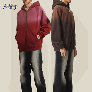 Heavyweight <b>Fleece</b> Zip Hoodie Men Vintage Washed Gradient Oversized Streetwear Plush <b>Lined</b> Hooded <b>Jacket</b> Custom OEM Supplier - Product Image 1