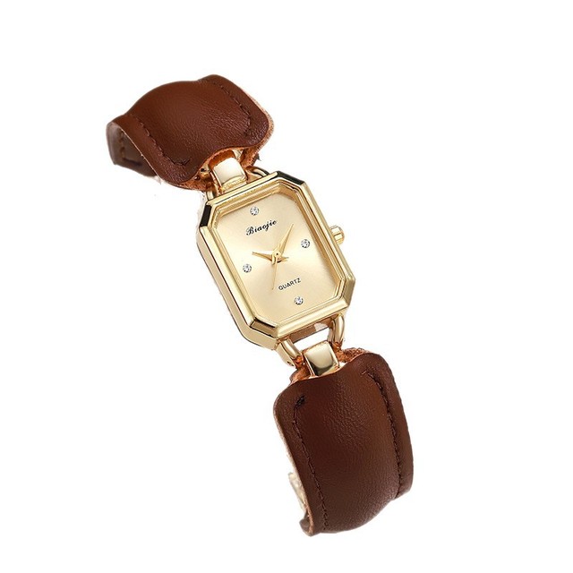 Minimal Niche Maillard Tone Square Ladies Quartz Watch Mixed Leather Metal Band Elegant Daily Dress Women Wristwatch