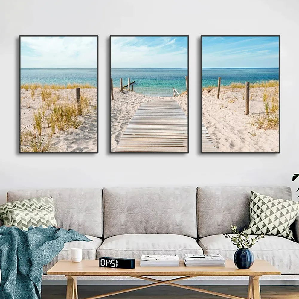 Moden Seascape Pintura em tela para o mar, 3 peças, posteres e estampas, arte de parede, imagens decorativas de praia para sala de estar e casa